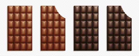 Realistic set of whole and biten chocolate bars isolated on transparent background. Vector illustration of milk dark choco dessert, brown sweet food, delicious cocoa, sugar snack. Cooking ingredient