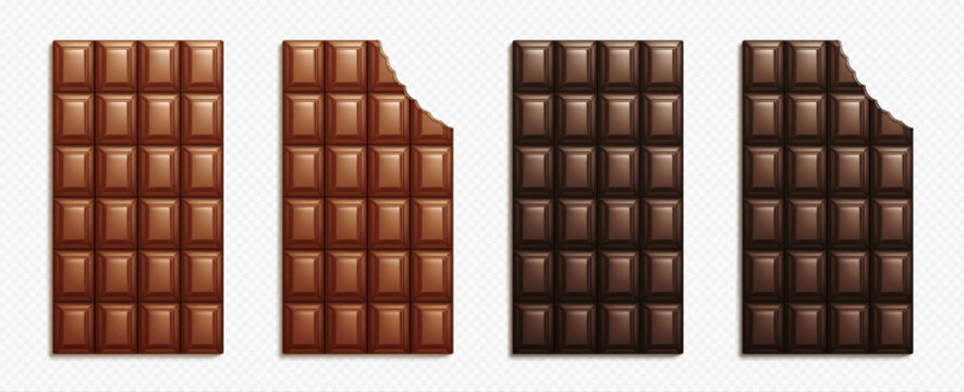 Realistic set of whole and biten chocolate bars isolated on transparent background. Vector illustration of milk dark choco dessert, brown sweet food, delicious cocoa, sugar snack. Cooking ingredient