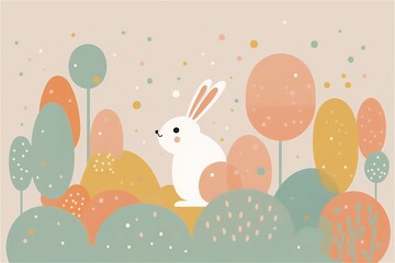 Rabbit, eggs and flowers, illustrations to celebrate Easter. Rabbit, eggs and flowers, illustrations to celebrate Easter.  Pastel palette. Generative AI technology.