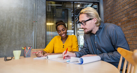 Creative business team man woman meeting conference room, multicultural teamwork acquisition brainstorm people teacher concept. Startup work college friends creative people interior designer project