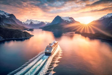 Zelfklevend Fotobehang bird's-eye view of the cruise ship's many decks and swimming pools, as well as the colorful lifeboats that line its sides at sunset in Scandinavian Fjord. AI generative © EdNurg