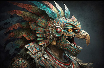Aztec god - Quetzalcoatl, also known as feathered snake. Mayan and mexican history and culture. AI generative - obrazy, fototapety, plakaty
