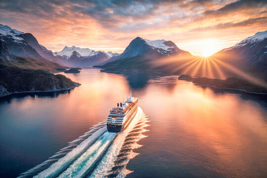 bird's-eye view of the cruise ship's many decks and swimming pools, as well as the colorful lifeboats that line its sides at sunset in Scandinavian Fjord. AI generative