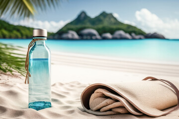 Bottle of water and mat on a beach of tropical island in Maldives. AI generative