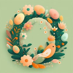 Obraz na płótnie Canvas Easter wreath shape. Rabbit, eggs and flowers, illustrations to celebrate Easter. Green and Orange color palette. Generative AI technology.