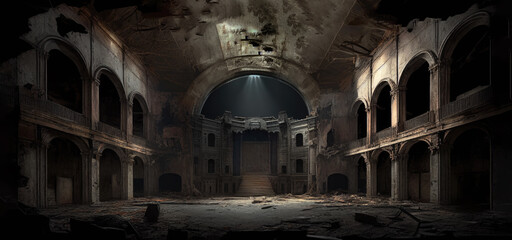 Dark and dim abandoned theater background. Remaining ruins of a classic style theater or temple. Partially collapsing ceiling and rubbles on the ground. Generative AI. 