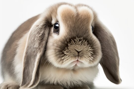 Close up of a Lop Rabbit looking at the camera in front of a white background. Generative AI