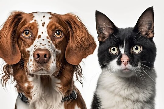 A picture of a dog and a cat with bad eyes, set against a white background. Generative AI