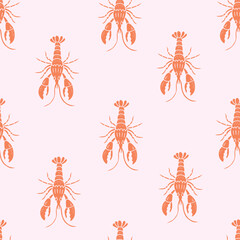 Seamless vector marine pattern background with red lobsters on pink background. Vector polka dot animal texture. Perfect for wallpapers, web page backgrounds, fabric print design. - 580523807