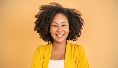 Portrait smile confident business designer black woman yellow suit office. Black business girl...