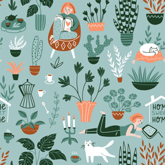 Vector seamless pattern with potted flowers, cats and young woman. Cute and cozy repeat background in green colors. Botanical fabric design. Hobby and relax concept.