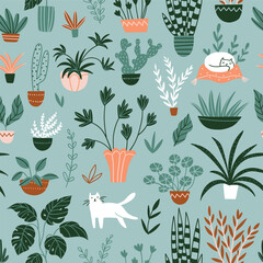 Vector seamless pattern with potted flowers and cats. Cute and cozy repeat background in green colors. Botanical fabric design. - 580523873