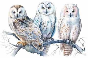 Polar owls are white. Painting with watercolors. Snow owls sit on a branch of a tree. Beautiful wild bird from the north. Illustration of birds that looks real. Bird in the Arctic on a white backgroun