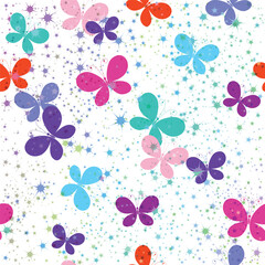 Vector seamless pattern with colorful butterflies and stars on transparent background