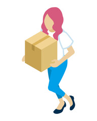 Young woman carries a cardboard box - who wearing short sleeves shirts