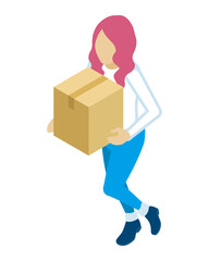 Young woman carries a cardboard box - who wearing long sleeves shirts