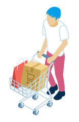 Young man walking with push a shopping cart which filled up with luggage - who wearing short sleeves shirts