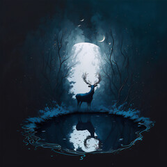 Mysterious Wilderness: Silhouette of Stag in Moonlit Forest