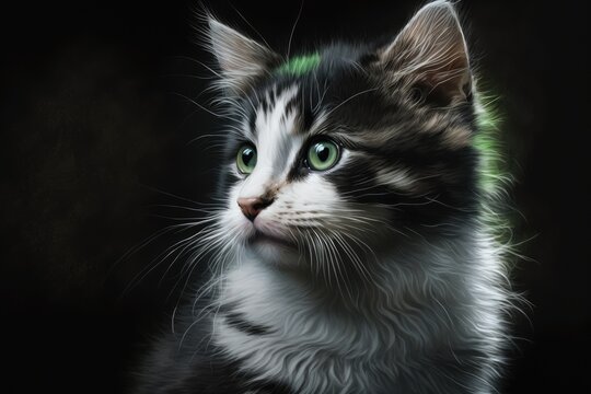 A picture of a kitten on a dark background. A black and white cat with green eyes is painted in oil. Generative AI