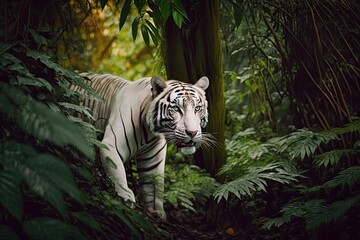 White tiger is in the forest looking for food. Panthera tigris corbetti in its natural habitat in Thailand, where it is a wild, dangerous animal. Generative AI