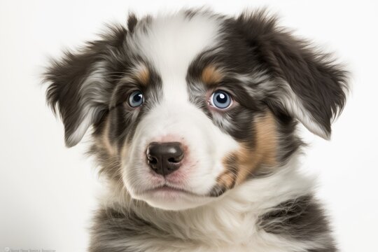 Portrait of a funny and cute Aussie or Australian shepherd puppy, with a white background. Generative AI