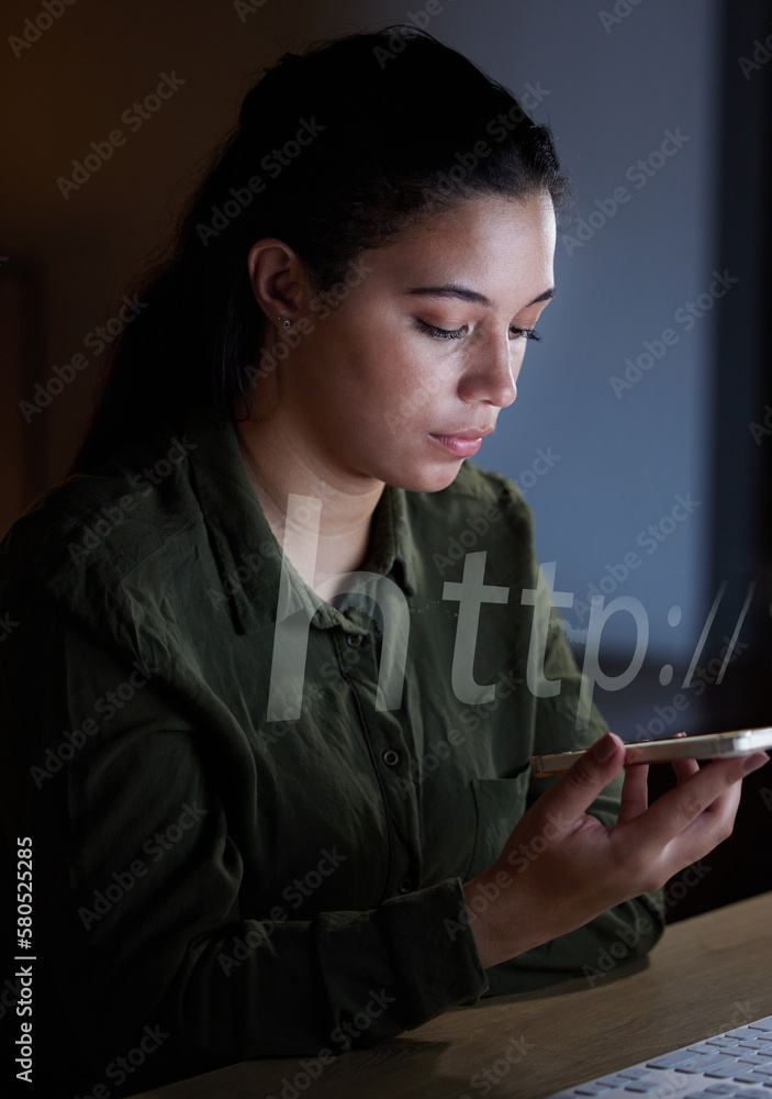 Fototapete web search, internet and phone with woman in office at night for networking, 3d hologram and connect