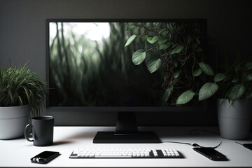 Blank computer monitor on a stylish desktop. Generative AI - obrazy, fototapety, plakaty