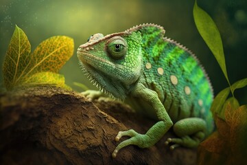 Fototapeta premium Green chameleon hunting. A picture of an unusual animal. Macro. Generative AI