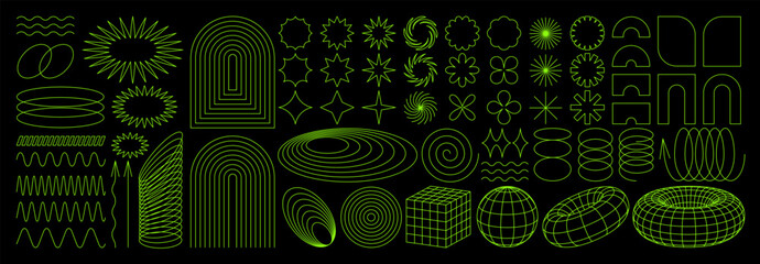 Geometry wireframe shapes and grids in neon acid color. 3D hearts, abstract backgrounds, patterns, cyberpunk elements in trendy psychedelic rave style. 00s Y2k retro futuristic aesthetic.