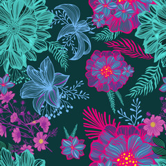 Seamless pattern bright flowers on a dark background. Vector illustration for fashion, textile, fabric, decoration.