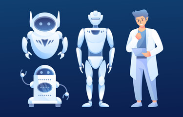 Set of cute robots and cartoon design vector. AI technology and cyber characters. Futuristic technology service and communication artificial intelligence concept