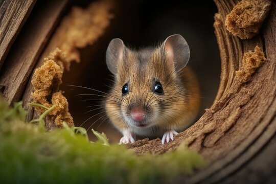 Close up portrait of a house mouse in its natural woodsy setting. Details, forest wood, a cute animal, Mus musculus, Czech Republic. Generative AI