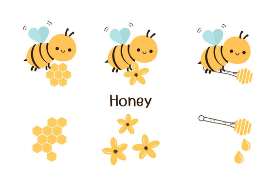 Set of cute bee cartoons, beehive honey sign, yellow flower and honey stick isolated on white background vector illustration.