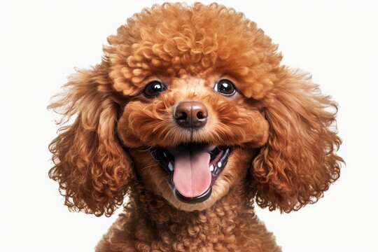 Portrait of a happy Toy Poodle, with a white background and no other objects. Generative AI
