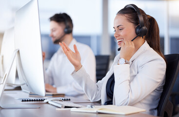 Contact us, call center or friendly woman speaking in telecom communications company in help desk....