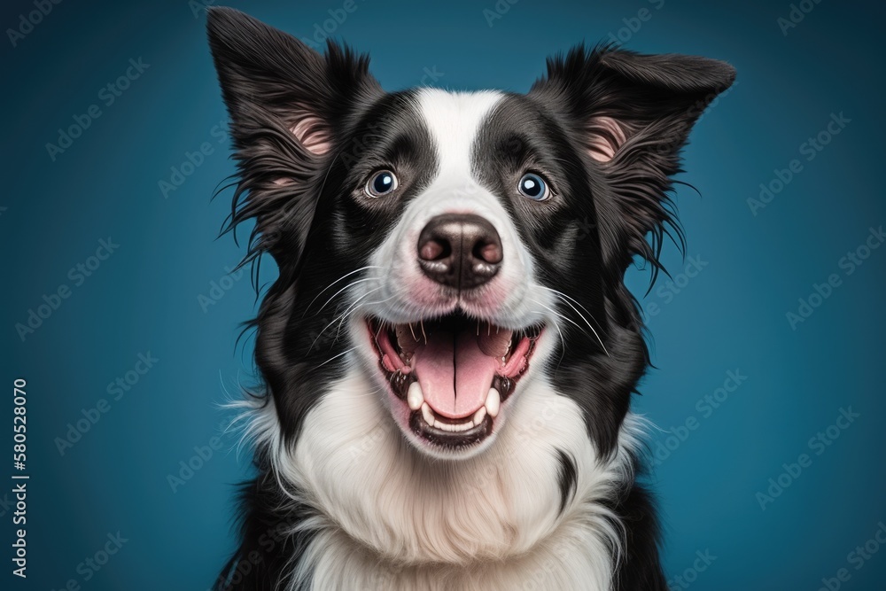 Sticker A cute picture of a happy and healthy black and white adult border collie in a studio against a blue background. Generative AI