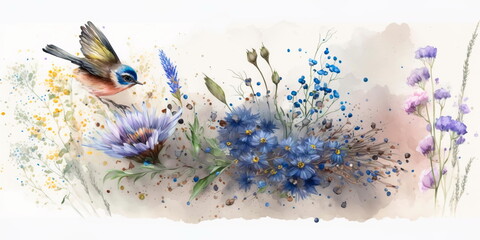 Wildflower Meadow with Cornflowers, Bluebells, Bird, and Butterfly Generative AI