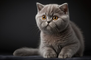 Fototapeta premium Portrait of a hungry 6 month old lilac British shorthair kitten looking at the camera on a gray background with copy space. Generative AI