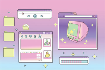 Linear retro vaporwave desktop wallpaper. Abstract vintage aesthetic background. Modern comic illustrations. Trendy, nostalgic, colorful style 80s, 90s. Posters, social media posts, story template.