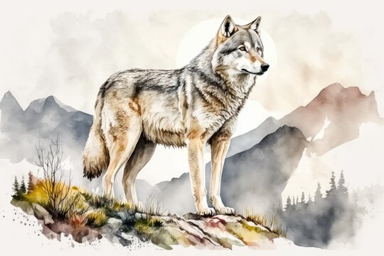 Watercolor picture of a wolf. Hand drawn picture of a grey arctic wolf. Wildlife in Canada, a predator in the Taiga forest. Single standing lupus. Gray animal with fur. Generative AI