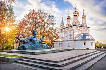 Church of the Savior on Yar in the evening light and a monument to Yesenin, Ryazan