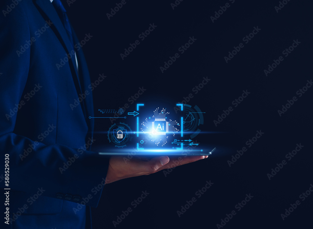 Poster ai for business concept. artificial intelligence, ai. businessman using technology smart robot ai, e