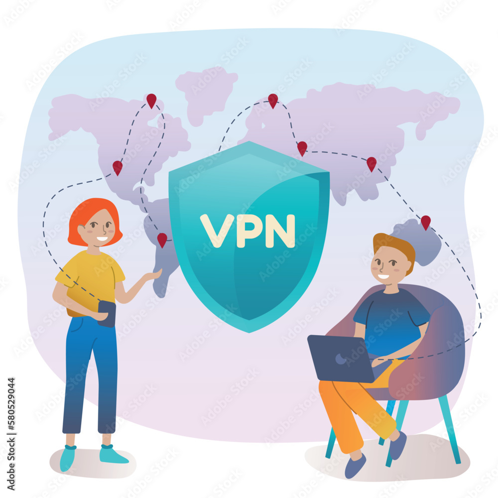 Poster cybersecurity and virtual private network concept. people using vpn for computer, smartphone with vp