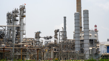 Oil Refinery Gas Chemical Equipment Prodiction import export Concept, Crude Oil Refinery Plant Steel Pump Pipe line and Chimney and Cooling tower, Chemical or Petrochemical Factory plant, industry