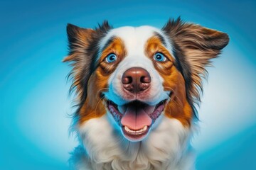 Cute and pretty dog looking at the camera, Portrait of a funny and happy dog with its tongue out and a smile on a blue background, Picture of a dog with a happy smile. Generative AI