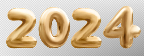3d gold balloon number 2024 new year, realistic isolated vector. Golden holiday party decoration. Metal typography glossy symbol for sale decor. Metallic ballon shiny font on transparent