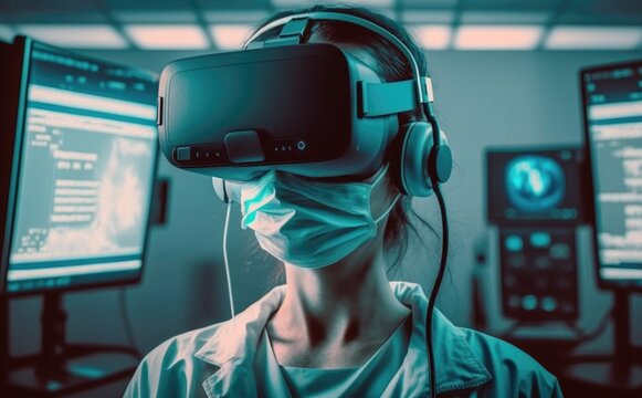 Doctor using a virtual reality headset. Futuristic concept of doctor training with virtual or augmented reality. Generative AI.