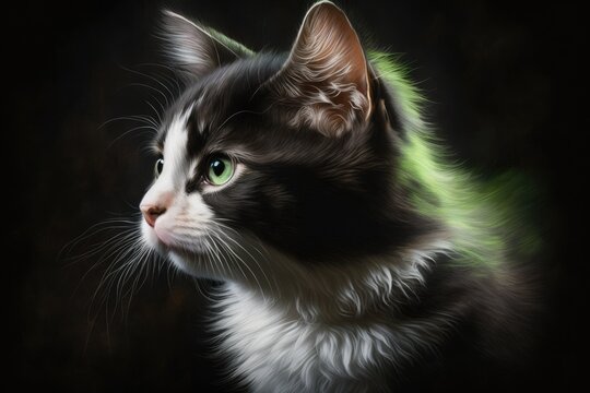 A picture of a kitten on a dark background. A black and white cat with green eyes is painted in oil. Generative AI