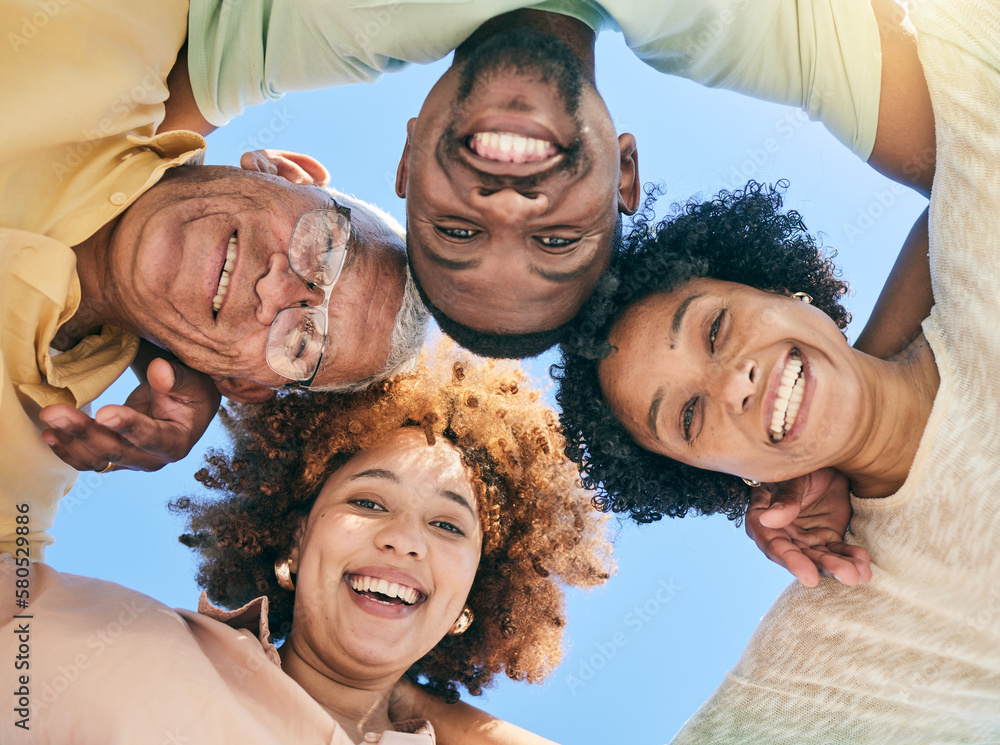 Canvas Prints Circle, senior parents and portrait of family with smile, hugging and embrace in huddle in below view. Blue sky, summer and happy adult children with mother and father for support, bonding and trust