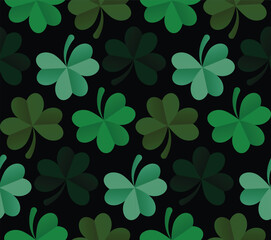 Shamrock or green clover leaves pattern background flat design vector illustration isolated on dark green background. St Patricks Day shamrock symbols decorative elements textile pattern 